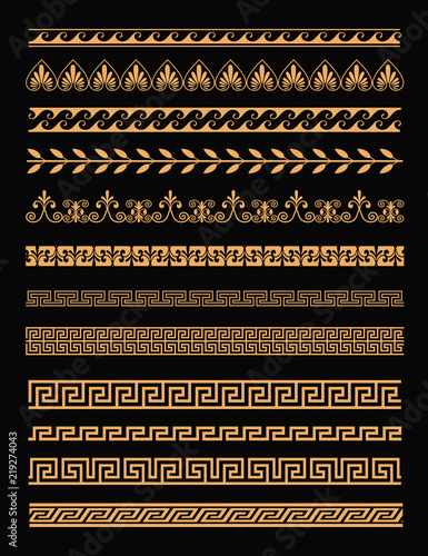 Vector illustration set of antique greek borders and seamless ornaments in golden color on black background in flat style. Greece concept elements. photo