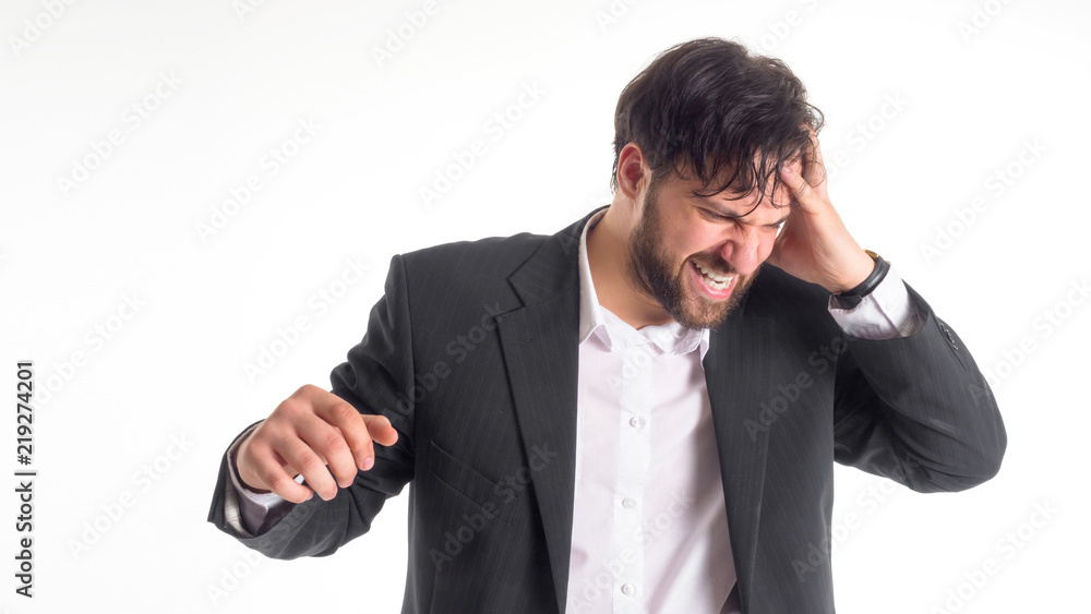 the businessman experiences a strong headache. He put one hand on his head. Close-up portrait. Isolated on white. the businessman experiences a strong headache. He put one hand on his head. Close-up portrait. Isolated on white.
