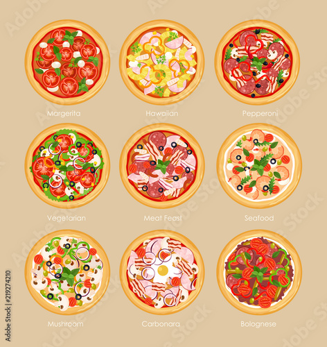 Vector illustration set of pizza with different ingredients, vegetarian pizza, margarita and seafood. Pizza menu concept in flat style.