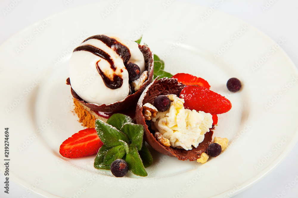 Ice cream with chocolate and strawberries Ice cream with chocolate and strawberries