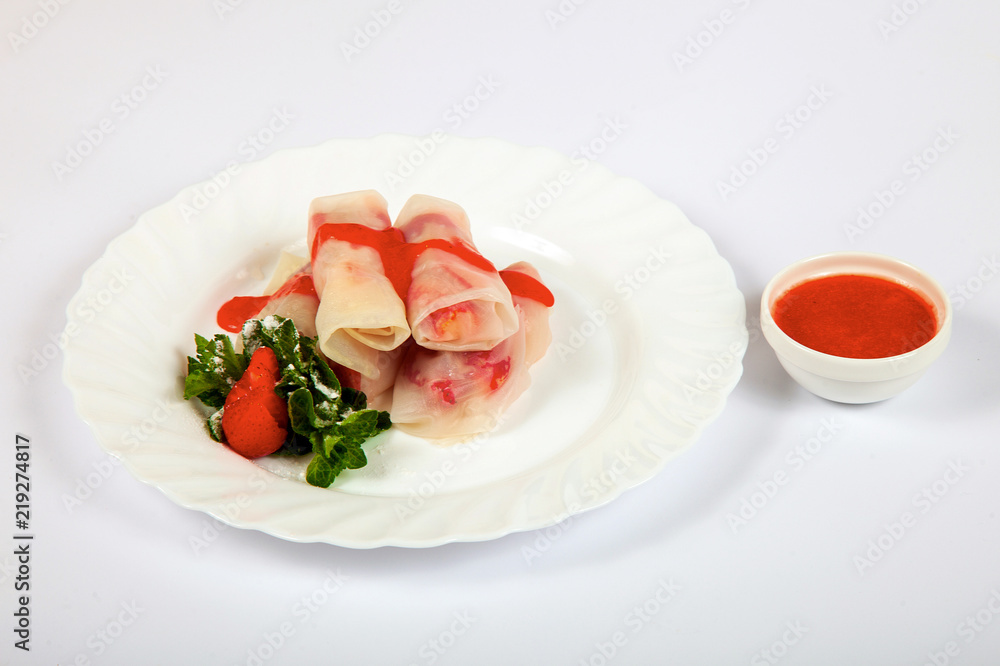 Pancakes with strawberry and strawberry sauce Pancakes with strawberry and strawberry sauce