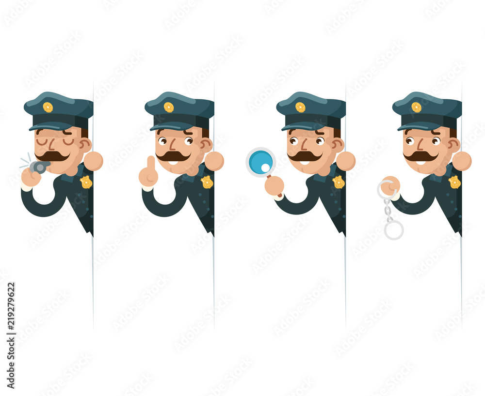 Policeman detective magnifying glass handcuffs police whistle look peeking out of the corner cartoon flat design vector illustration Policeman detective magnifying glass handcuffs police whistle look peeking out of the corner cartoon flat design vector illustration