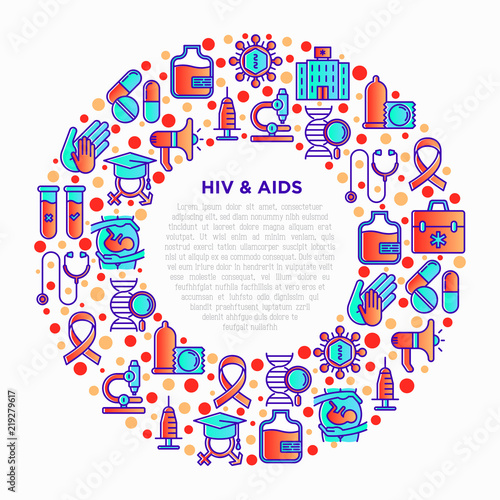 HIV and AIDs concept in circle with thin line icons: safe sex, blood transfusion, syringe, antiviral drugs, AIDs ribbon, blood test, microscope, genetic engeering. Vector illustration.