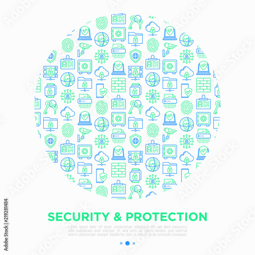 Security and protection concept in circle with thin line icons: mobile security, fingerprint, badge, firewall, face ID, secure folder, shredder, bank safe, encrypted messaging. Vector illustration.
