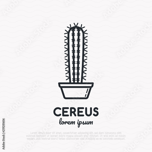 Cactus with prickles in pot thin line icon. Modern vector illustration of home plant.