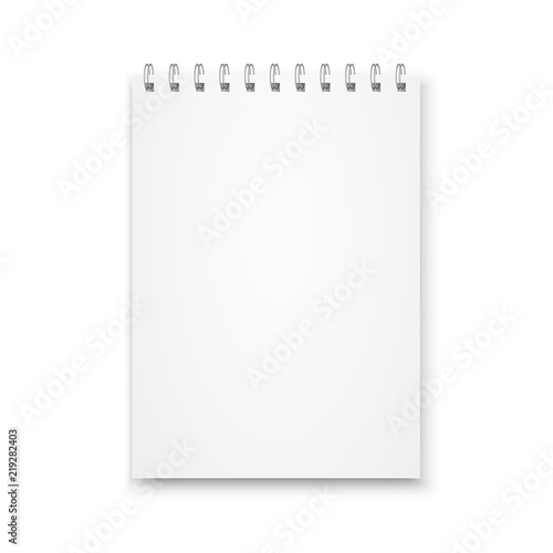 Mock up blank notebook with metal spiral template isolated on white background. Realistic vector illustration.