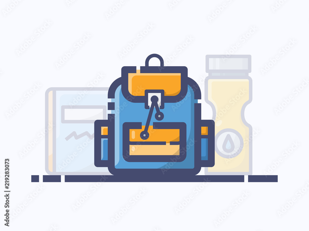 Colorful Backpack, Notebook and Bottle Vector Line Illustration with Blue and Orange Color. Suitable for Background, Icon, Print, Website Mobile App Presentation