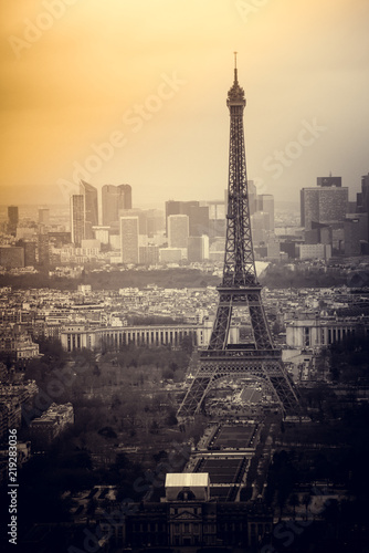 Aerial cityscape of Paris, France, with the Eiffel tower seen from the Tour Montparnasse