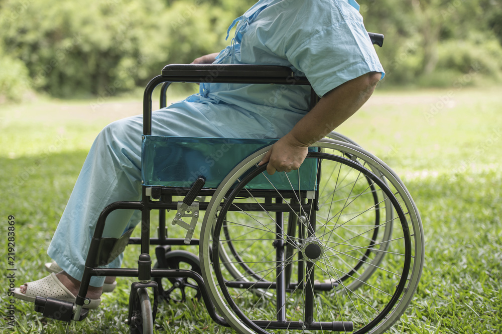 Obraz premium Close up Lonely elderly woman sitting on wheelchair at garden in hospital