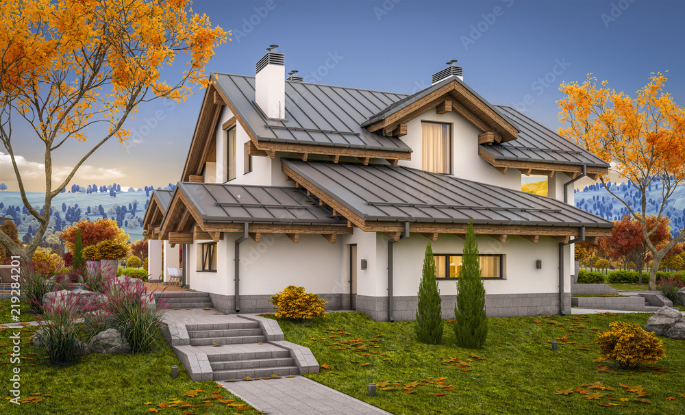 3d rendering of modern cozy house in chalet style with garage for sale or rent with large garden and lawn. Cool autumn evening with soft light from window. 3d rendering of modern cozy house in chalet style with garage for sale or rent with large garden and lawn. Cool autumn evening with soft light from window.