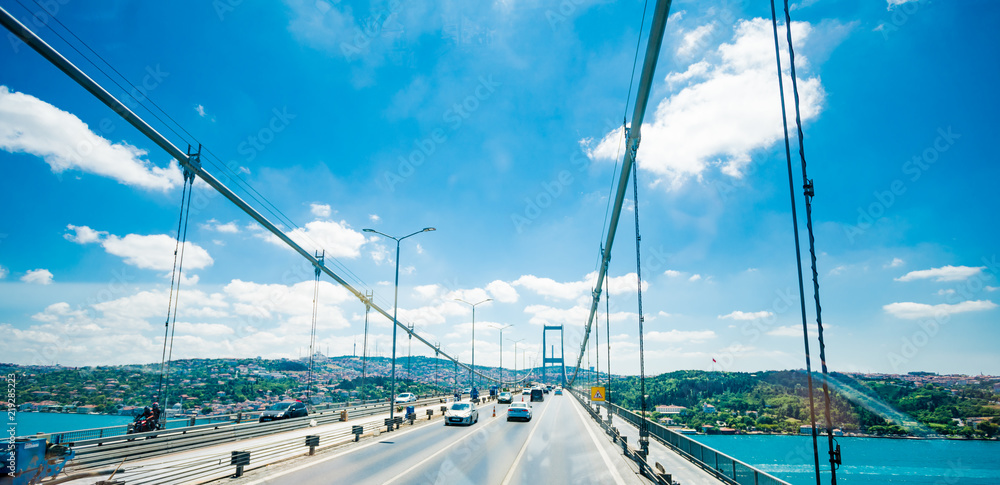 ISTANBUL, TURKEY -  Traffic on Bosphorus Bridge. Bridge on Bosphorus connecting the european waterside of Istanbul with the asian waterside