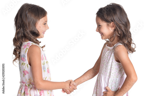 Portrait of two beautiful little girls on white background