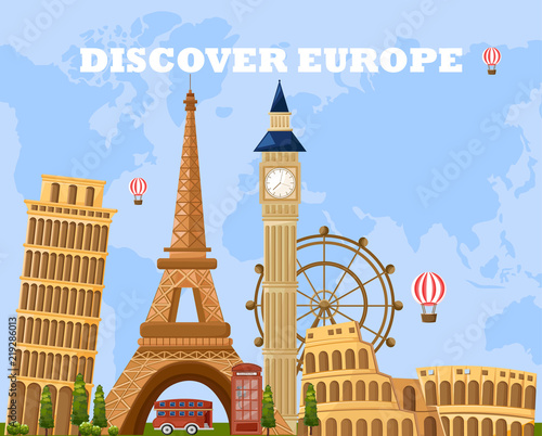 Discover Europe travel card Vector. Main tourist attractions with Eiffel Tower, Pisa, Coliseum etc