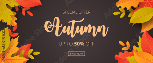 Autumn sale background with leaves. Can be used for shopping sale, promo poster, banner, flyer, invitation, website or greeting card. Vector illustration