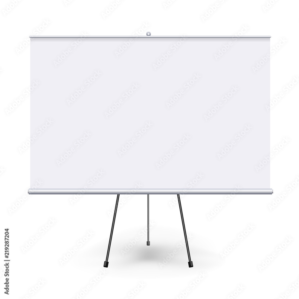 Vector realistic blank flipchart with three legs isolated on white clean background. White horizontal roll up banner for presentation, corporate training and briefing. Vector mockup. Vector realistic blank flipchart with three legs isolated on white clean background. White horizontal roll up banner for presentation, corporate training and briefing. Vector mockup.