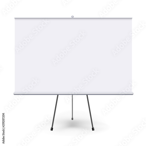Vector realistic blank flipchart with three legs isolated on white clean background. White horizontal roll up banner for presentation, corporate training and briefing. Vector mockup.