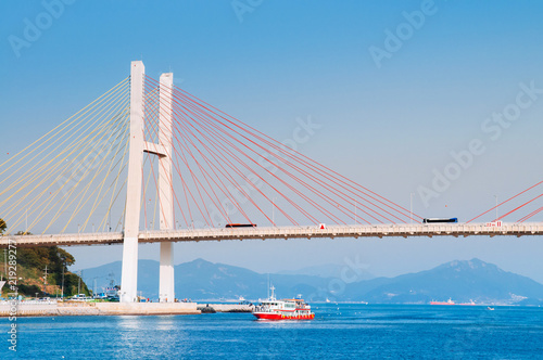 Yeosu harbor with Geobukseon or Dolsan-ro 2 bridge, South Korea © PixHound