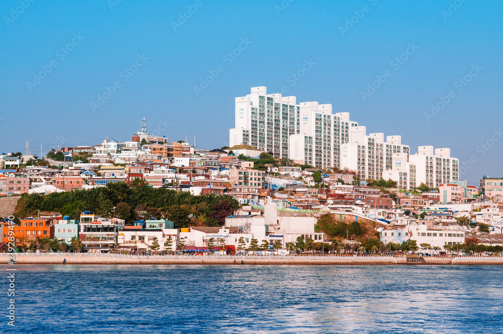 Yeosu harbor with city buildings view, South Korea