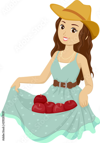 Teen Girl Collect Apple Ill...