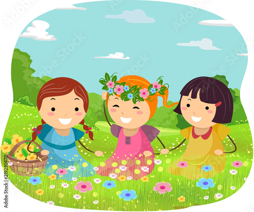 Stickman Kids Girls Meadow Illustration