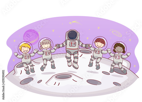 Stickman Kids Moon Astronaut Space Illustration