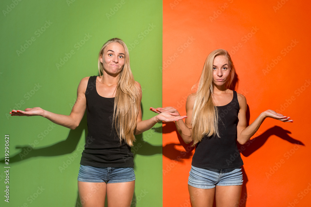 Why is that. Beautiful female half-length portrait isolated on trendy studio backgroud. Young emotional happy and unhappy women. Human different emotions, facial expression concept. Why is that. Beautiful female half-length portrait isolated on trendy studio backgroud. Young emotional happy and unhappy women. Human different emotions, facial expression concept.
