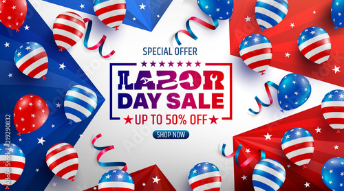 Labor Day Sale poster template.USA labor day celebration with American balloons flag,star and tools.Sale promotion advertising banner template for USA Labor Day Brochures,Poster or Banner