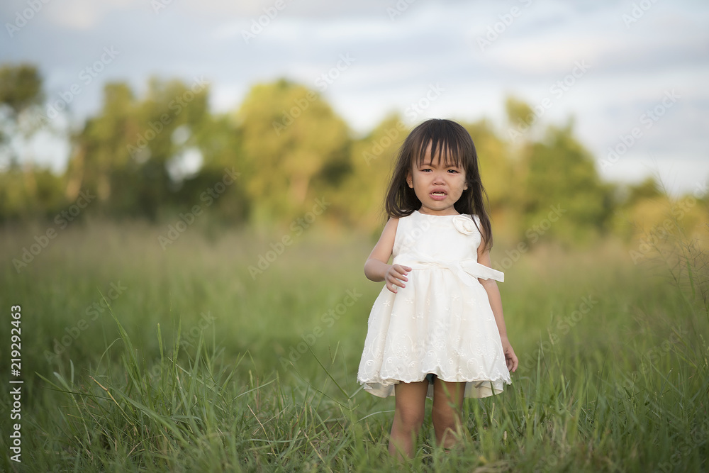 Little girl standing crying in the grass field