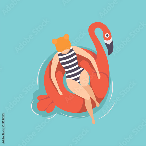 Young beautiful woman floating on inflatable ring in the shape of flamingo in swimming pool, top view vector Illustration