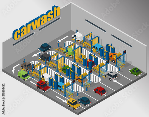 Vector isometric illustration of automatic tunnel car wash.