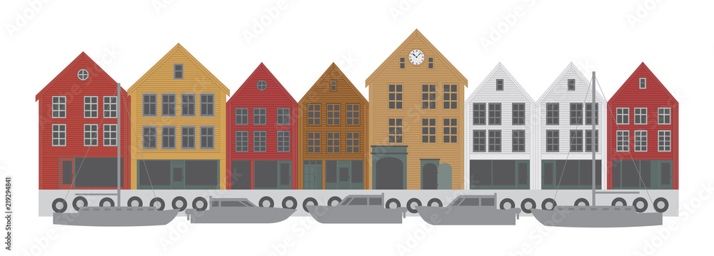 Bergen Norway Downtown Waterfront vector  Illustration