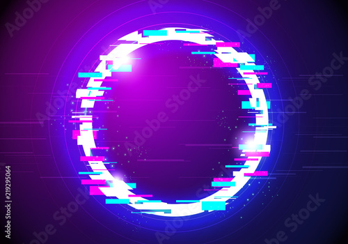 Vector Illustration glitched glow circle frame design. Modern distorted glitch style  background. Graphic Design for Banner, Poster, Flyer, Brochure, Card.