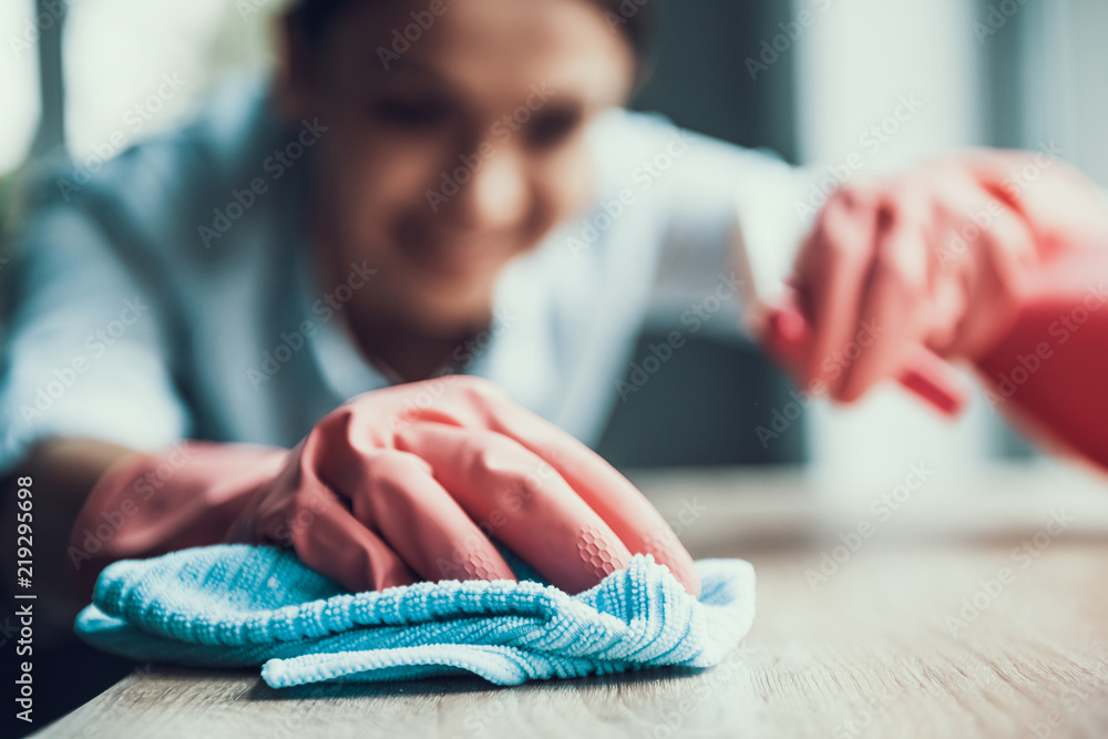 Young Smiling Woman in Gloves Cleaning House - obrazy, fototapety, plakaty 