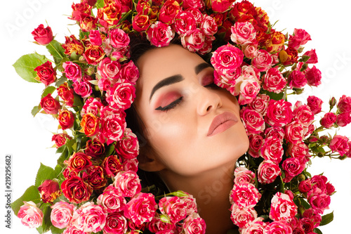 portrait woman makeup face with red roses flower 