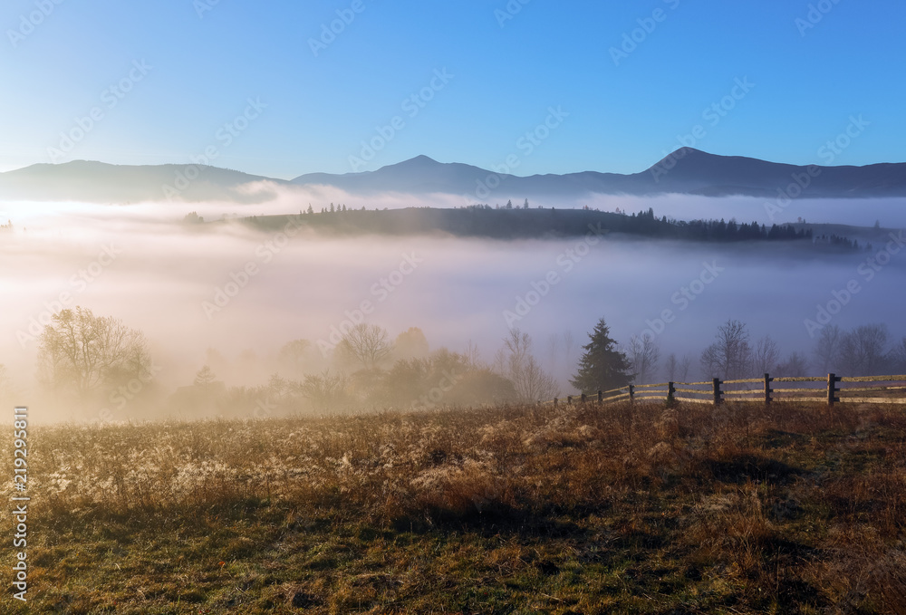 Autumn landscape of high mountains, orange coloured trees, fog. Sun rays enlighten the lawn with dry grass. Blue sky. Beautiful country side.