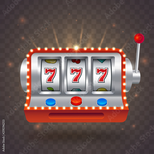 Vector slot machine with bright lights isolated on transparent background. Big win 777 lottery casino. One armed bandit illustration. lucky seven gambling.