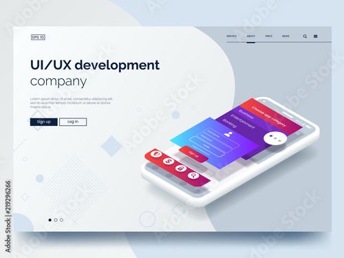 Isometric conceptual mobile phone with disassembled user interface. Ui, Ux development vector illustration. Landing page concept. Mobile app wireframe. Eps 10.