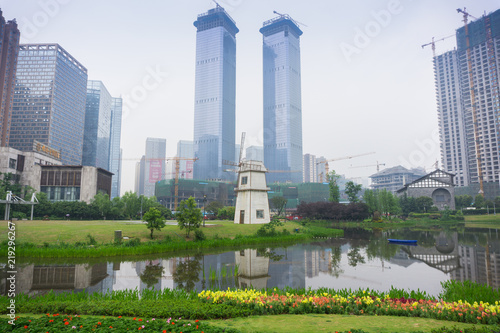 Cityscape of Guiyang. The twin toweer in the Hua Guo Yuan city.