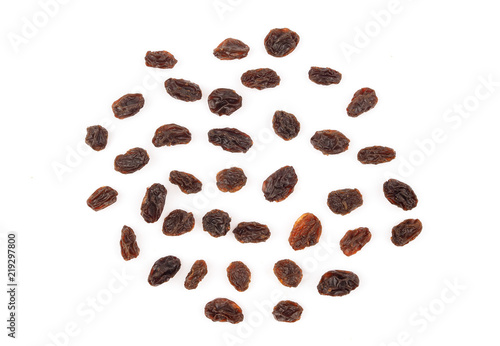 Top view of organic dried Raisins on white background, Currant