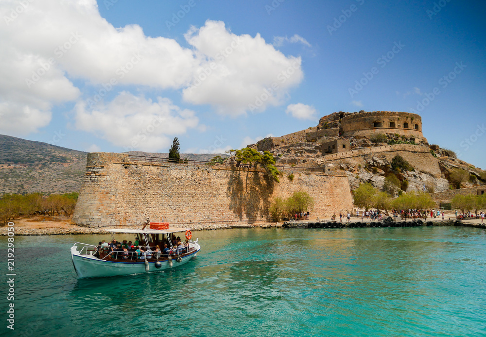 View of Ancient Ruins Of Medieval Fortress in Spinalonga Island, Crete, Greece