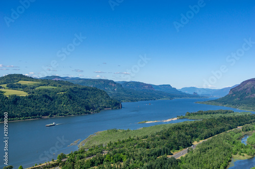 Overlook on the Columbia River gorge near Portland on a beautiful day, Oregon, historic US route 30, Vista House, USA.