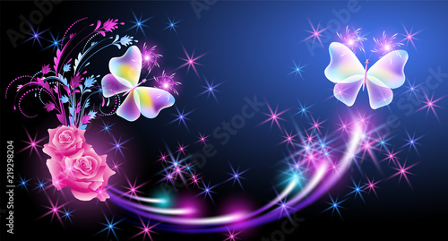 Flying fantasy butterflies with roses and sparkle stars