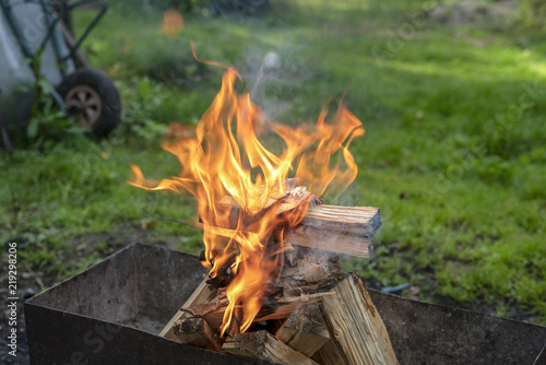 Flame of wood burning in brazier during the preparation for cooking BBQ.