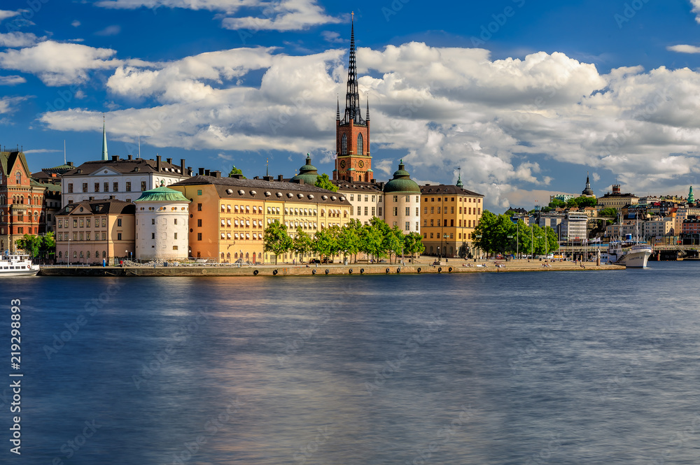 Panoramic view onto Stockholm old town Gamla Stan and Riddarholmen church in Sweden