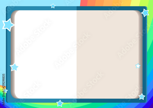 children's frame with an open book, rainbow, sky and stars in cartoon style (background for children's announcements, photos, diploma, certificate, coupon)