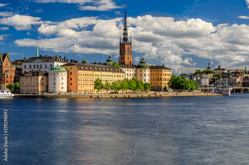 Panoramic view onto Stockholm old town Gamla Stan and Riddarholmen church in Sweden