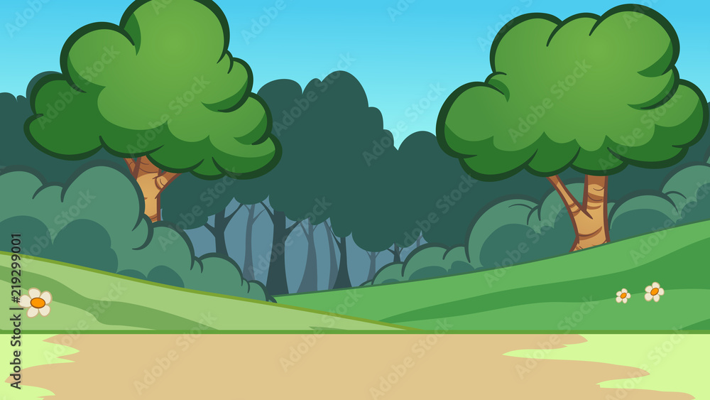 Cartoon forest background. Vector clip art illustration with simple gradients. Some elements on separate layers. 