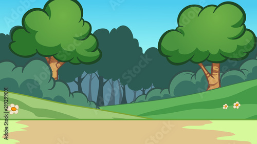Cartoon forest background. Vector clip art illustration with simple gradients. Some elements on separate layers. 