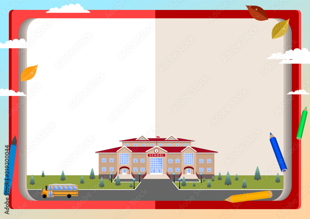 Announcement (poster, congratulation, invitation, postcard, photos, diploma, certificate, coupon)on the background of books, school building, school bus, autumn leaves