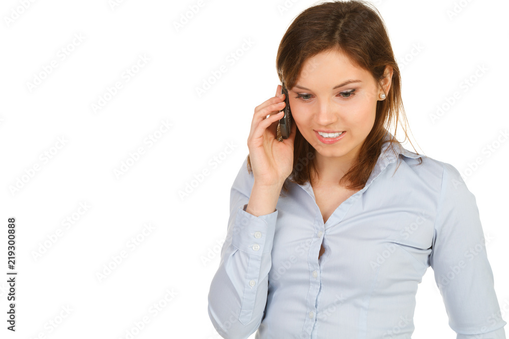 beautiful young woman in blue shirt calling beautiful young woman in blue shirt calling